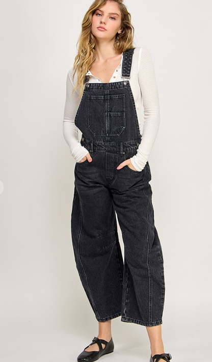 Black Denim Barrel Overalls