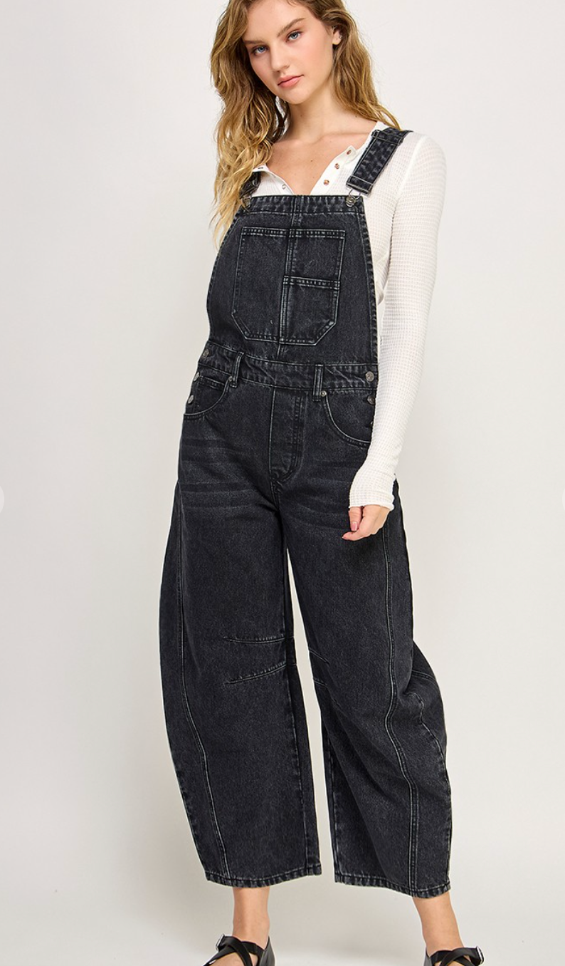 Black Denim Barrel Overalls