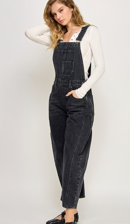 Black Denim Barrel Overalls