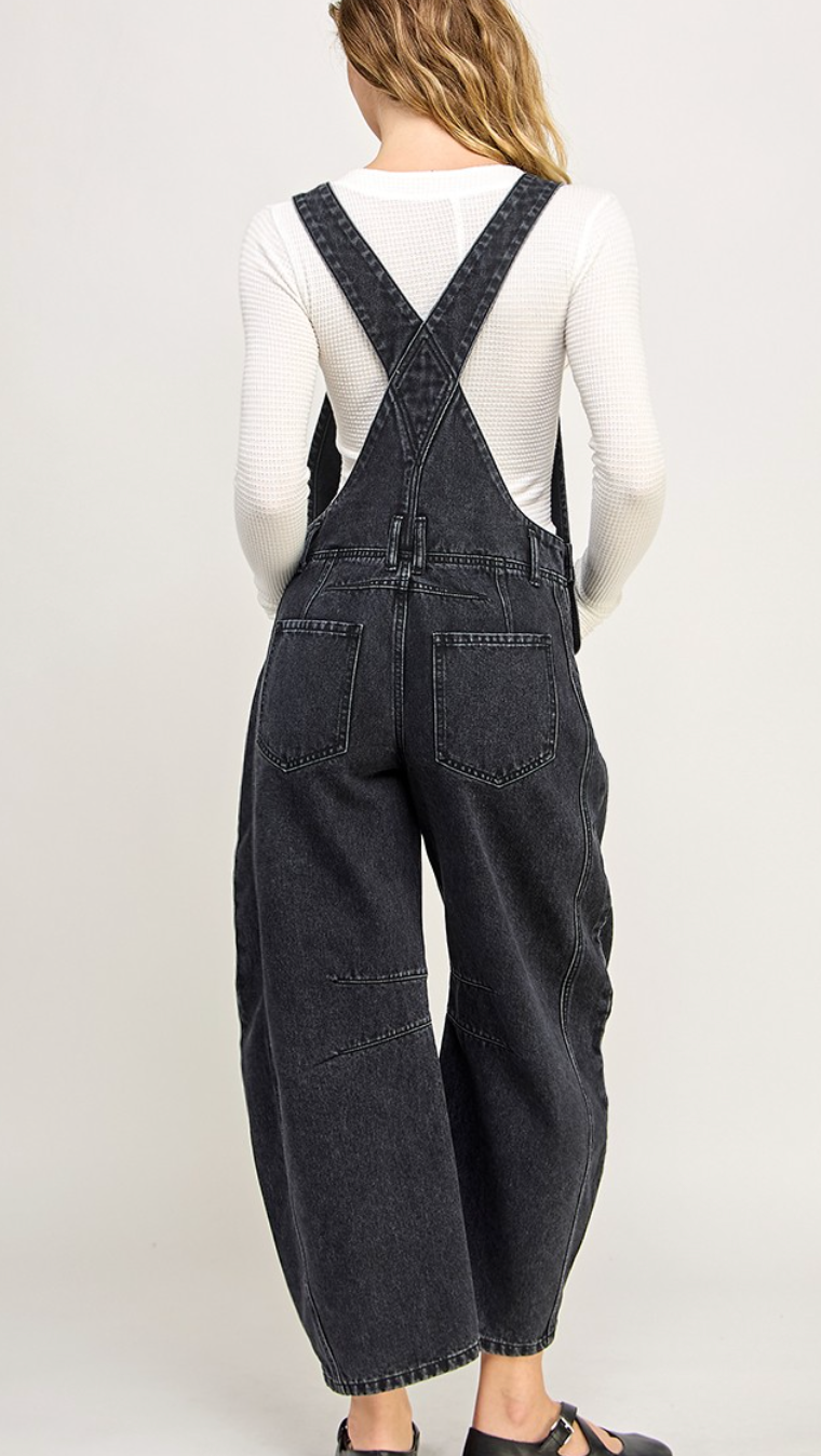 Black Denim Barrel Overalls