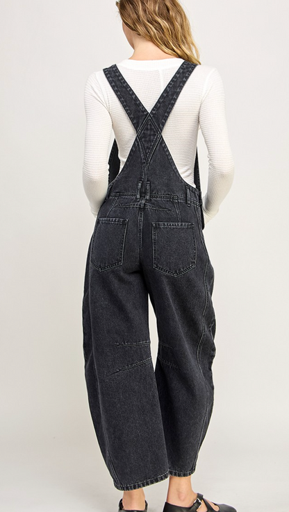 Black Denim Barrel Overalls